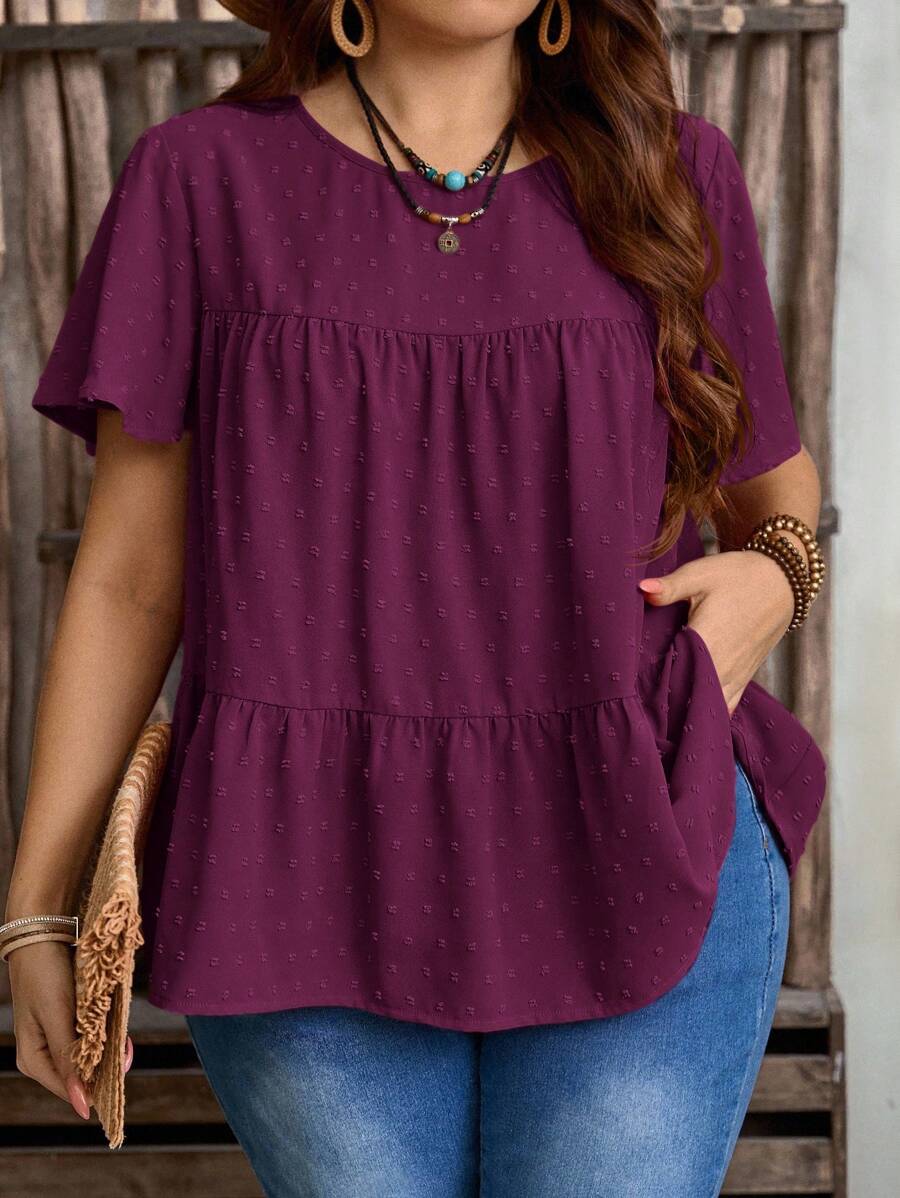 EMERY ROSE 加大码女式纯色圆领荷叶边短袖宽松衬衫，波西米亚风夏季，西部女装，度假