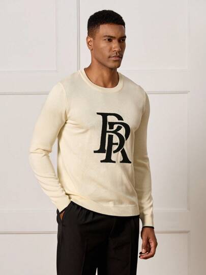 Manfinity CityGents Suéter de cuello redondo casual con gráfico de letras para hombres, de vuelta a la escuela, otoño e invierno