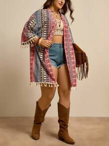 SHEIN LUNE 大码女式花卉印花落肩流苏宽松和服