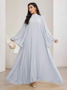 Veilorie 女式纯色立领褶皱喇叭袖宽松阿拉伯风连衣裙 - 藍色 - 查看 5