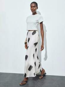 Maija Gonna elegante estiva da donna, in bianco con stampa nera, vita elastica, orlo spacco, stile minimalista, adatta per l'ufficio