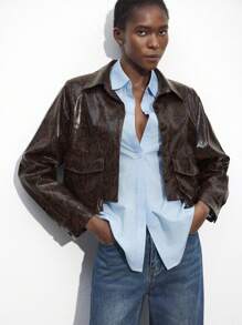 Maija Chaqueta de manga larga con bolsillo tridimensional y estampado de piel de serpiente marrón de estilo urbano para mujer, de moda y versátil, para otoño/invierno y festivales - Marrón Chocolate - Ver 7