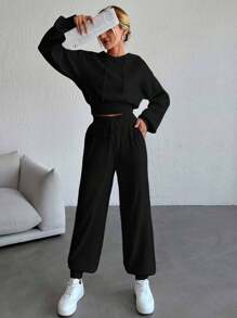 EURMUSE Hodie Sweater And Joger Pant 2 Pcs S ,Petite Women - Black - View 4