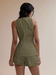 Easelle Olive Green Woven Vest & Shorts Women 2pcs Suit Set In Fall/Winter