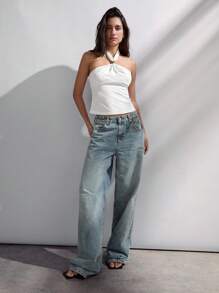 Maija Camiseta sin mangas de metal con diseño hueco blanco, esencial de moda minimalista y versátil para mujeres, otoño/invierno