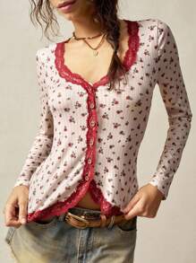 Bohemela 大码女式撞色蕾丝和碎花长袖单排扣时尚衬衫 - 彩色 - 查看 1