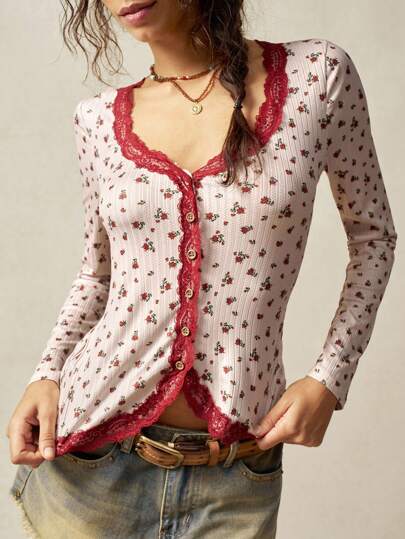 Bohemela 大码女式撞色蕾丝和碎花长袖单排扣时尚衬衫