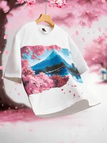 ROMWE MEN Anime Áo thun nam tay ngắn in họa tiết phong cách Nhật Bản, thích hợp mặc hàng ngày vào mùa xuân/hè - trắng - Xem 3