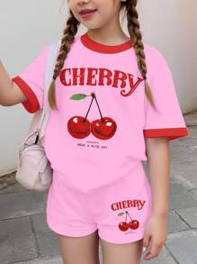 SHEIN Tween Girls Casual Simple Short Sleeve Shorts 2 Pieces Set, Suitable For Summer Cherry Outfit Cherry Shorts Set Girls Cherry Top Cherry T Shirt Pink Cherry Set