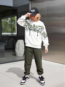 PAVTROS 2pcs/Set Tween Boys Fashion White Hoodie + Olive Green Pants, Green Print Design, Soft Fabric, Comfortable Casual Wear, Suitable For Spring Autumn, School & Outing Fall Winter