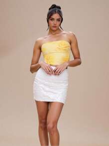 SHEIN Glamour Women's Comfortable Floral Strapless Sexy Bandeau, Summer Sleeveless Fitted Cropped Tank Top - White - View 4