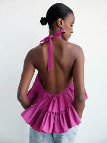 Maija Purple-Red Halter Backless Ruffle Hem Loose Urban Style Top For Women Party Beach Top Vacation Outfits Women - Red Violet - View 8
