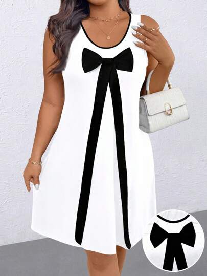EMERY ROSE Plus Size Women's Color Block Bowknot Casual Minimalist Dress