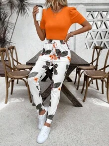 SHEIN LUNE 2pcs Vacation Casual Solid Puff Sleeve Cropped Top And Floral Print Pants Set Roupa Para A Universidade