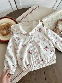 SHEIN Áo khoác trùm đầu lót lông dày dặn cho bé gái với họa tiết hoa dễ thương, áo khoác ngoài ấm áp thường ngày cho mùa thu/đông - trắng - Xem 3