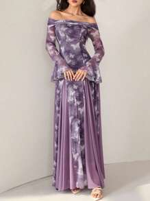 Modelyn Váy midi trễ vai phối lưới nhuộm loang lãng mạn tay loe thanh lịch dành cho nữ, váy bướm tím phong cách Hàn Quốc, váy dạ hội màu hoa oải hương, váy dạ hội màu tử đinh hương, váy trễ vai in họa tiết bướm, trang phục thu đông giản dị thời trang dành cho nữ, trang phục nữ cổ điển giản dị dễ thương, trang phục trở lại trường, váy trở lại trường, trang phục nữ giáo viên - Nhiều màu - Xem 1