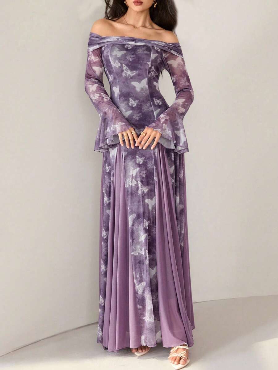Modelyn Váy midi trễ vai phối lưới nhuộm loang lãng mạn tay loe thanh lịch dành cho nữ, váy bướm tím phong cách Hàn Quốc, váy dạ hội màu hoa oải hương, váy dạ hội màu tử đinh hương, váy trễ vai in họa tiết bướm, trang phục thu đông giản dị thời trang dành cho nữ, trang phục nữ cổ điển giản dị dễ thương, trang phục trở lại trường, váy trở lại trường, trang phục nữ giáo viên - Nhiều màu - Xem 1