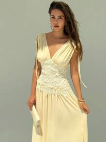 Aloruh Đầm dài vai buộc dây cổ chữ V phối ren họa tiết chắp vá mùa hè cho nữ - Màu be - Xem 6