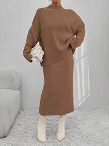 EURMUSE 女士休闲优雅仿珍珠装饰落肩宽松毛衣和 A 字裙套装 - 駝色 - 查看 7