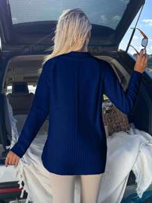 EURMUSE Women Solid Color Mock Neck Raglan Sleeve Sweater - Navy Blue - View 3