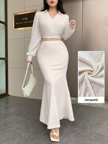 Modelyn 2 件套女式纯色长袖短款上衣和鱼尾下摆半身裙套装 - 米色 - 查看 4