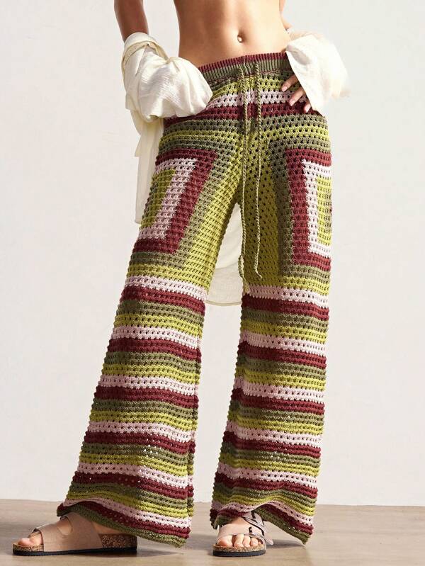 Bohemela Pantalon tricoté ample à jambes larges avec cordon de serrage à la taille et rayures pour femmes