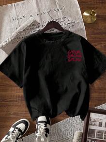 INAWLY Women's Casual Letter Print Round Neck Short Sleeve T-Shirt, Summer - Black - View 2