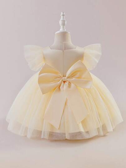 Glamorique Kids 女婴雪纺薄纱公主裙，褶皱主教袖，香槟色，优雅方领，迷人的薄纱花童裙，后背饰有可爱的蝴蝶结，适合派对/婚礼