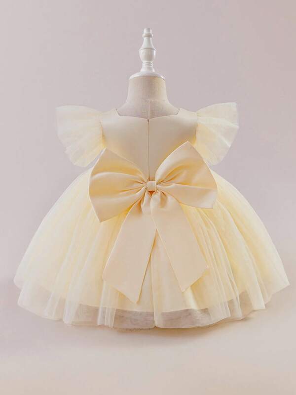 Glamorique Kids Baby Girls' Chiffon Tulle Princess Dress, Fluted Bishop Sleeve, Champagne Color, Elegant Square Collar, Charming Tulle Flower Girl Dress With Adorable Back Bow, Party/Wedding Baby Girl Yellow Dress Baby Girl Champagne Dress Baby Girls Party Dress Yellow Baby Dress With Bow Baby Elegant Dress