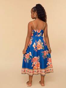 SHEIN Tween Girls Floral Print Woven Casual Spaghetti Strap Dress - Blue - View 2