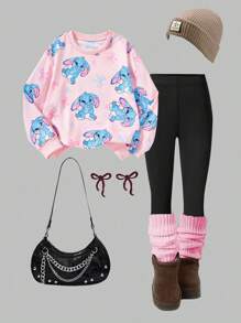 SHEIN Explorewe Girls' Street Sweatshirt Set, Suitable For Spring & Autumn Outdoor, Young Girl Graphic Print Knit Hoodie And Skinny Leggings Outfit Girls Sweatshirts Sweatshirt For Girls Stitch Sweatshirt For Girls Girls Lilo And Stitch Sweatshirt Lilo And Stitch Girls Clothes Fall Clothing,Fall Clothes For Kids,Long Sleeve,Autumn Clothes,Pull Sweatshirt Winter - Pink - View 3