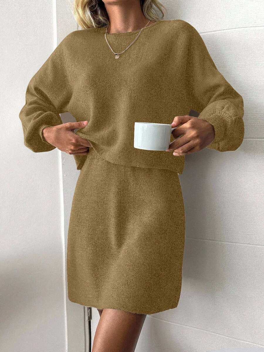 EURMUSE 2件套女士休闲纯色圆领蝙蝠袖长袖毛衣和针织中长裙套装 - 駝色 - 查看 1