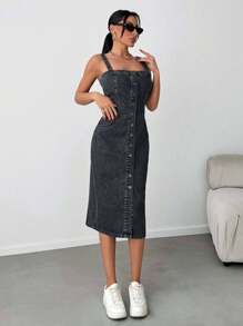 EURMUSE Slant Pocket Button Front Overall Denim Midi Dress - Dark Grey - View 4