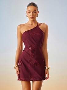 Hauture Women's Sexy Summer Night Vacay One Shoulder Low Back Burgundy Sequin Floral Mini Dress