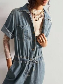 Bohemela 秋冬波西米亚风女式休闲阔腿破洞牛仔连体裤 - 藍色 - 查看 3