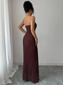 Chiquease Elegantes Palast-Abendkleid für Damen mit Spitze, trägerloses, gerafftes Taille Sommerkleid, Maillard Stil Sommer Braunes Kleid, Ausgehkleid - Kaffeebraun - Übersicht 5