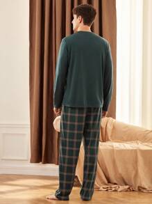 2pcs Men's Patchwork Pocket Long Sleeve Top And Plaid Long Pants Loungewear Set  Cozy And Elegant Details, Fall Clothes