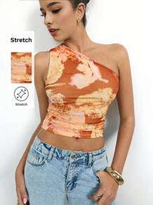 Maija Îmbrăcăminte de vară portocalie pentru femei, decolteu asimetric, imprimeu floral integral, croială moale cu volane, minimalist, elegant și confortabil pentru festivaluri de muzică, ținută casual de zi cu zi/birou, maiou scurt fără mâneci din plasă tricotată - Portocale - Vizualizare 3