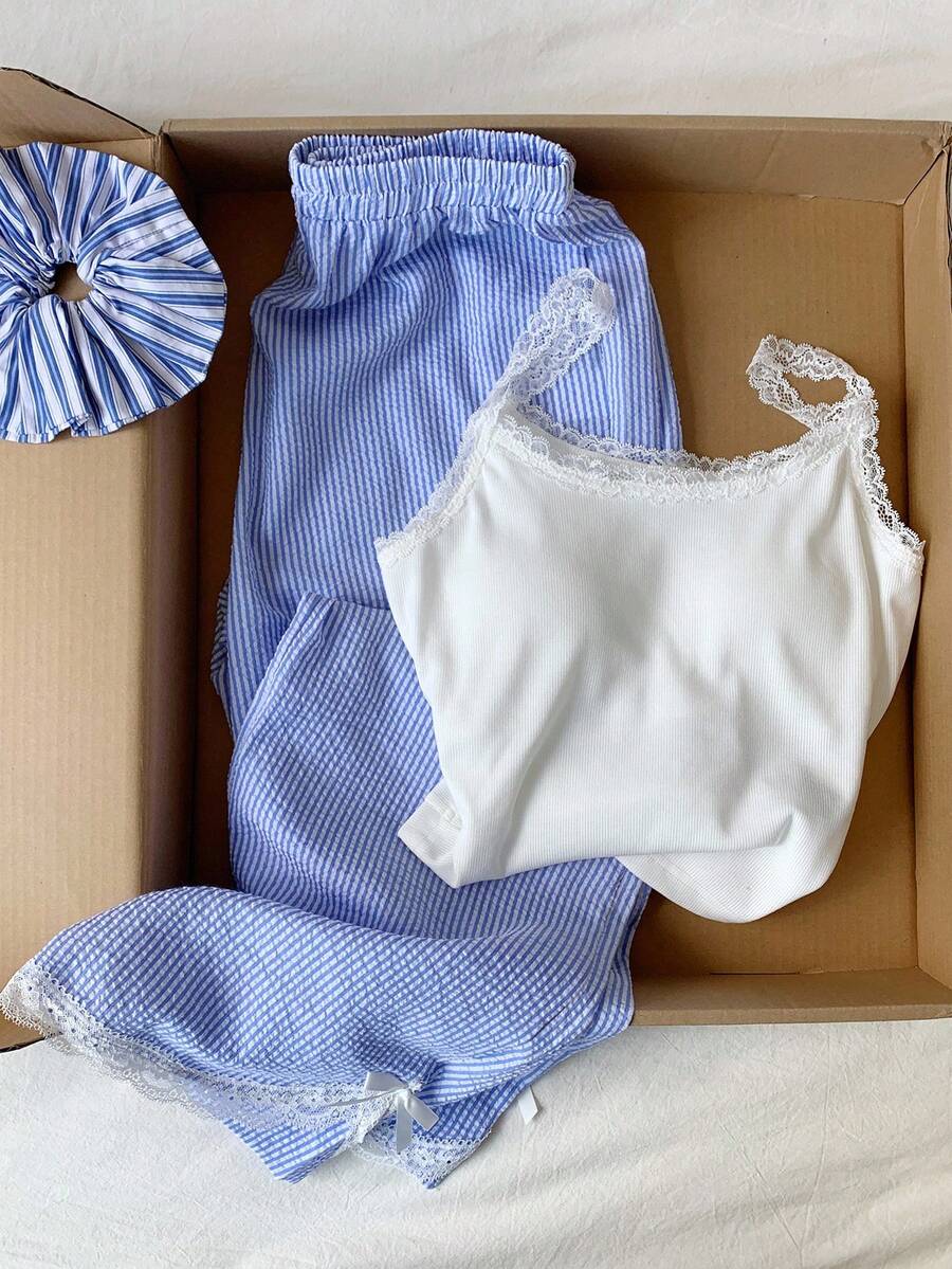 SHEIN 2pcs/Set Tween Girls Cute Camisole & Wide Leg Pants With Lace Bow Hem, Suitable For Spring, Summer, Daily Outings - White - View 1