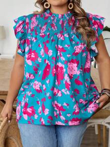 SHEIN CURVE+ 加大码花卉印花荷叶边下摆度假休闲衬衫 加大码花卉上衣 加大码夏季衬衫 女式花卉上衣 女式夏季上衣 8xl 女式上衣，开学秋季女装，冬季，CURVE PLUS - 彩色 - 查看 8