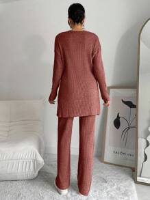 EURMUSE 100%Cotton Drop Shoulder Split Hem Tee & Pants - Dusty Pink - View 2