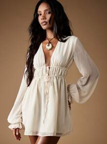 MISSGUIDED 高腰雪纺迷你连衣裙灯笼袖深V领海滩度假蜜月波西米亚风格婚礼宾客夏季春季假日装束腰 - 白色 - 查看 4