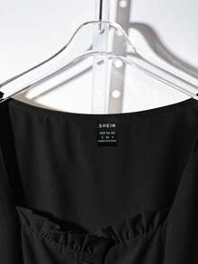 Franclia 女士优雅通勤纯色泡泡袖纽扣连衣裙，夏季黑色纽扣连衣裙，经典黑色连衣裙，法式黑色连衣裙，纽扣中长连衣裙，夏季大学校园服装 - 黑色 - 查看 4