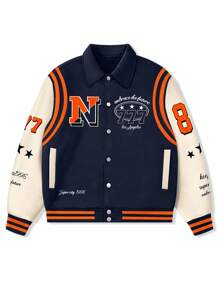 Manfinity Campus Court Men's Letter Print Contrast Color Long Sleeve Single Breasted Casual Rave Jacket For Autumn, Going Out Street Wear Baseball Color Block Jacket, For Friends, Husband, Boyfriend Gifts - Multicolor - View 5