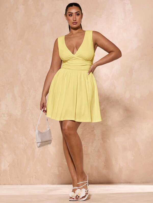 SHEIN BAE Großer Größen Weißes Einfaches Sexy Tiefes V-Ausschnitt Langarm Rüschenärmel Taille Mini Kleid, geeignet für Herbst/Winter, Weihnachten, Erntedankfest, Hochzeit, Nachtausflug, Valentinstag, Cocktailparty, Freundschaftstreffen, Familienfeier