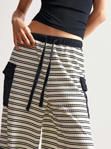 Bohemela Lässige gestrickte gestreifte Patchwork Loose Wide Leg Hosen für Frauen - Schwarz - Übersicht 2