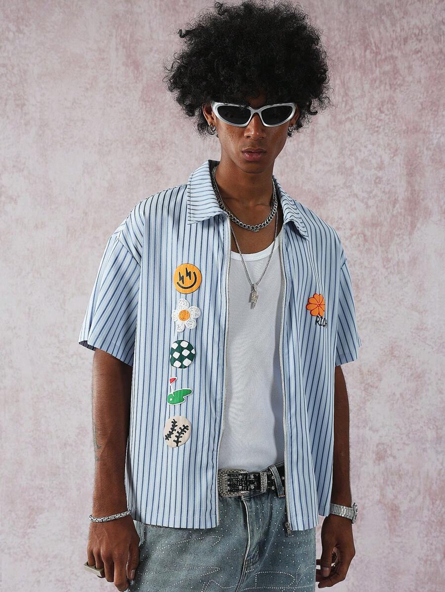 Manfinity Roghcode Men Striped Embroidered Decor Short Sleeve Shirt - Multicolor - View 1