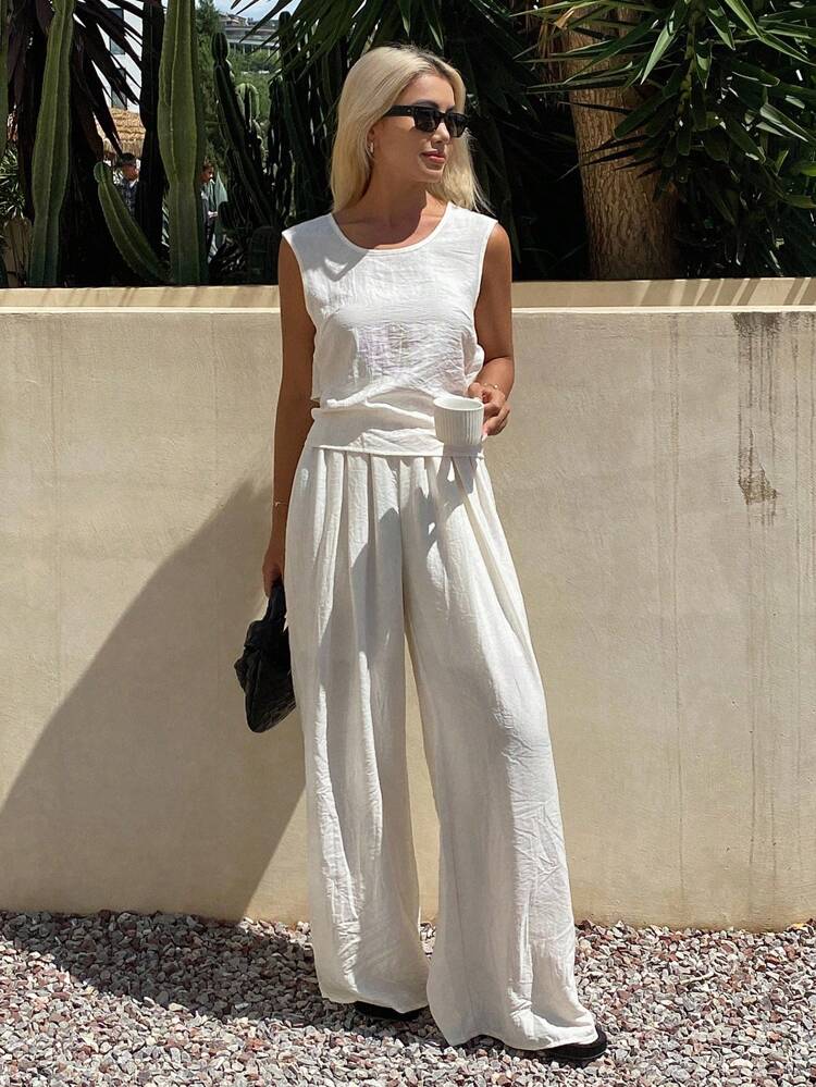 2pcs Women's Casual High-Quality Sleeveless Vest And Wide Leg Pants Set