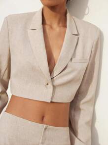 Maija 2025 Summer New Beige Cropped Turn Down Collar Elegant Casual City Commute Festival Beach Vacation Daily Romantic Urban Vacation Suitable For Outings, Gatherings, Weddings, Graduation, Guest Women Blazer - Khaki - View 7