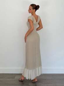 Siren Gaze 全新夏季褶皱腰修身雪纺拼布连衣裙 - 杏色 - 查看 2